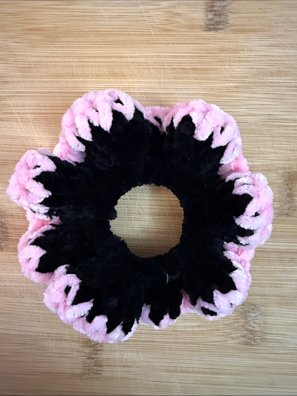 Hand Crafted Black & Pink Plush Flower Scrunchie